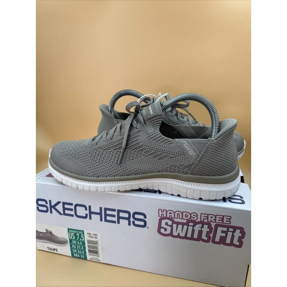 New Skechers Women's Taupe Virtue Swift Fit Sneaker Hands Free Memory Foam 7.5